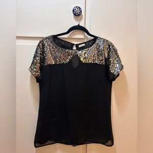 Sequin Yoke Black Short Sleeve Top